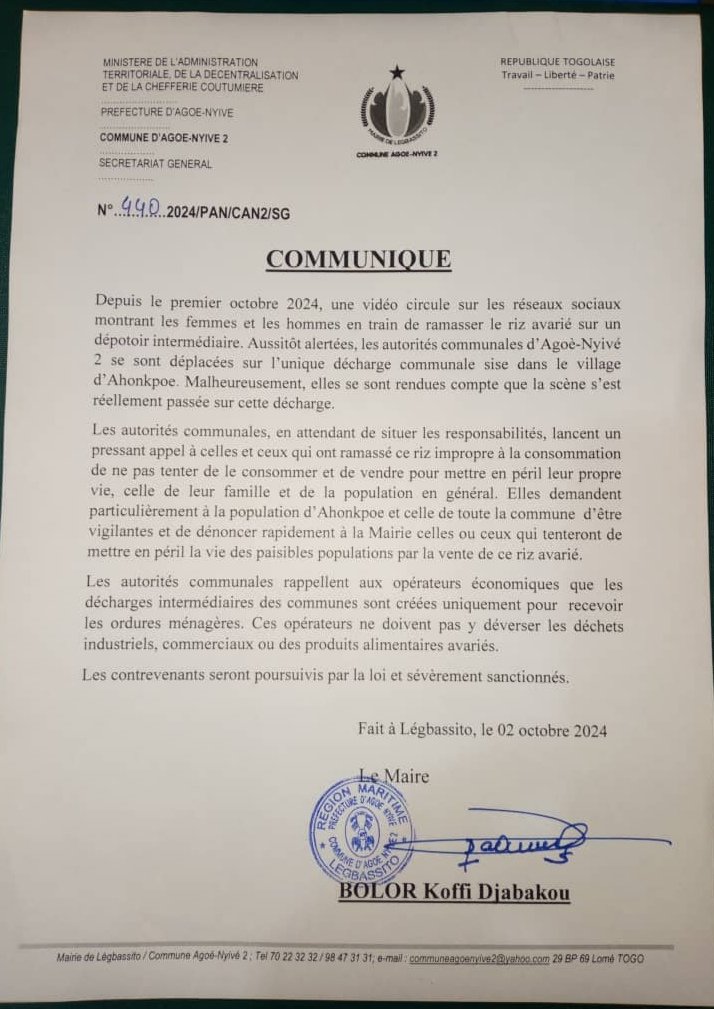 Communiqué de la commune <a href="/legbassito/">Mairie de Légbassito</a> sur le riz avarié du dépotoir montrant les populations se servir pour la consommation..