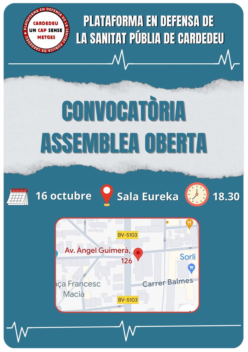 Convocatòria d'Assemblea Oberta de la Plataforma en Defensa de la Sanitat Pública de Cardedeu.

🗓️ Dimecres 16 d’octubre

⏰ 18:30 h

📌 Sala Eureka de Cardedeu (Avinguda Àngel Guimerà, 126)

Us hi esperem!!!