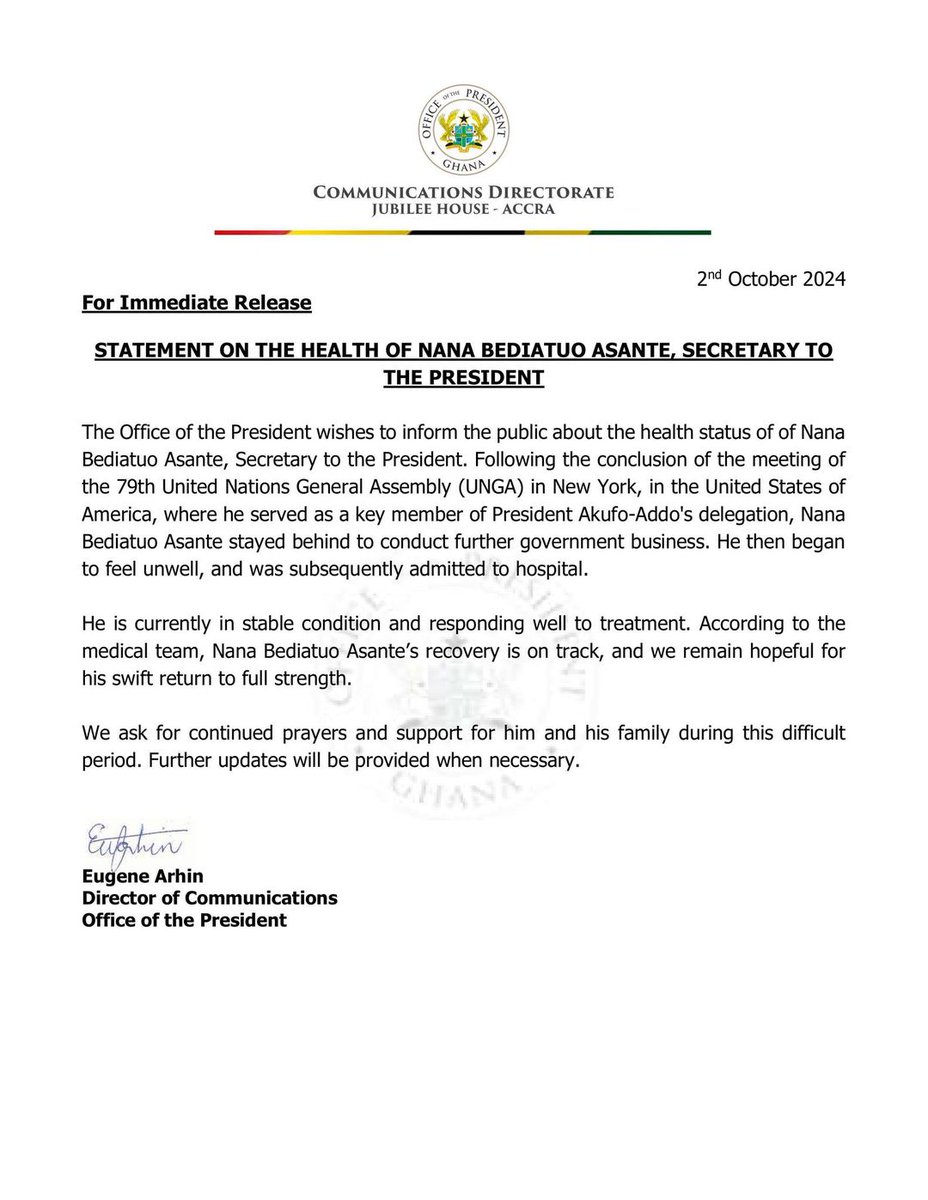 GHANANEWSAGENCY's tweet photo. Nana Asante Bediatuo, Secretary to President Akufo-Addo, is reported to be in a stable condition, following his recent admission in a hospital in the United States (US).
#GhanaNewsAgency #GNA https://t.co/bcHjJKIS32
