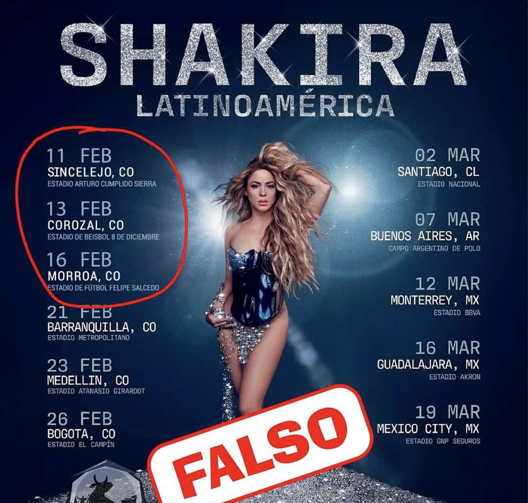 Korraleja's tweet image. 🔵 En redes sociales circula una pieza gráfica #FALSA del tour “Las Mujeres Ya No Lloran Latinoamérica 2025” de #Shakira con fechas para los municipios de #Sincelejo, #Corozal y #Morroa (#Sucre).

Los empresarios de la gira y managers de la artista barranquillera aclaran que…