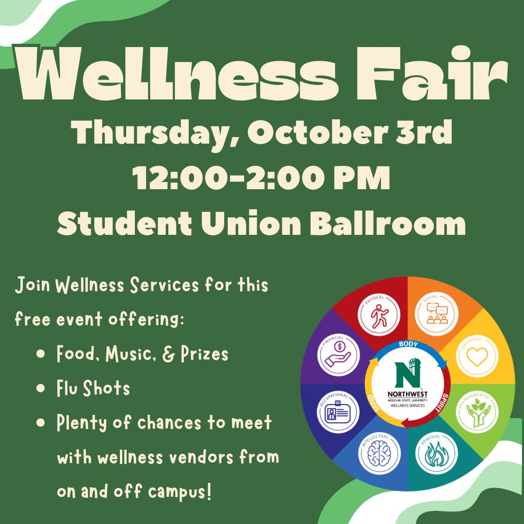 Get ready for a wellness-packed afternoon! Join us TOMORROW at the Wellness Fair from 12:00-2:00 PM in the Student Union Ballroom! See you there! 💚