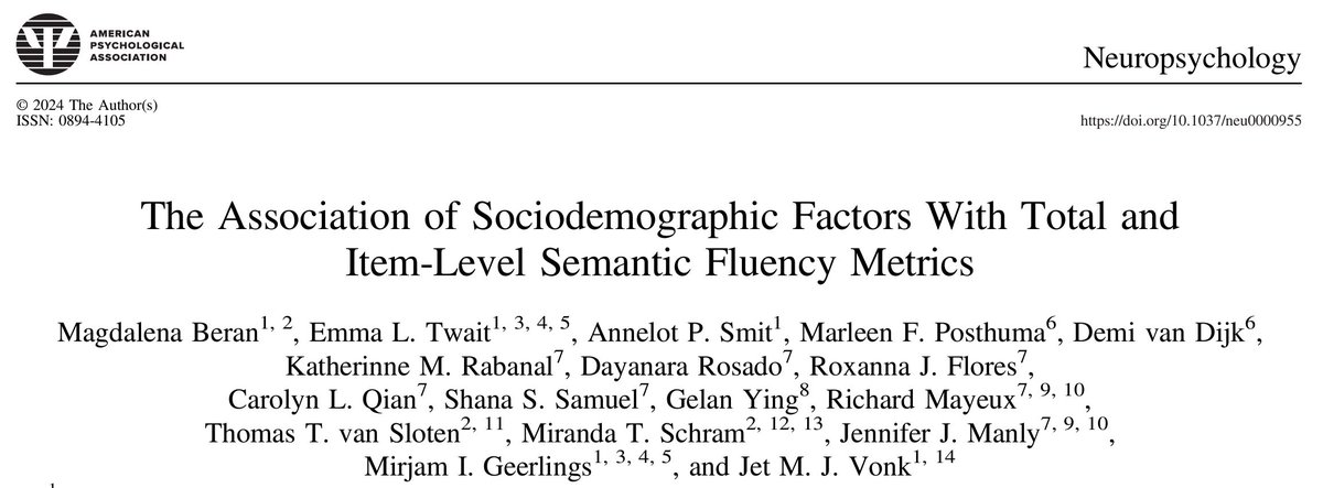 JetMJVonk's tweet image. Our new paper in Neuropsychology led by Dr. Beran explored how age, education &amp;amp; sex/gender influence semantic fluency across diverse cohorts (demographics/recruitment). We highlight effects on item-level metrics &amp;amp; provide insight into task generalizability psycnet.apa.org/fulltext/2025-…