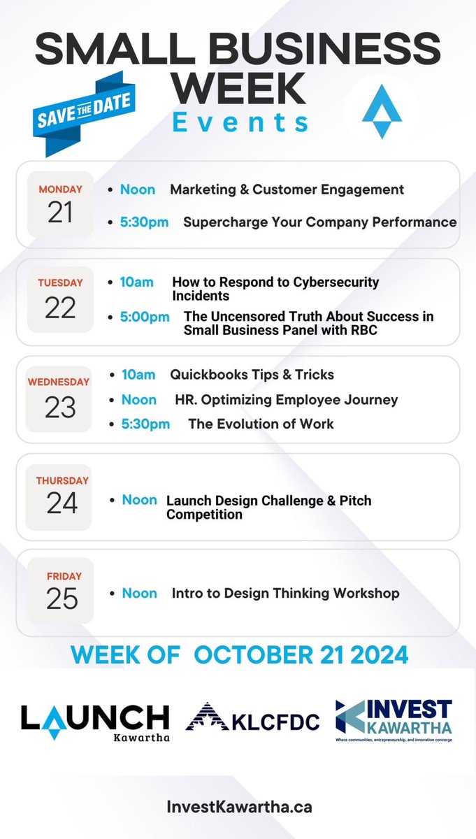 SAVE THE DATE: Small Business Week is back and begins on October 21st! 

We are getting ready behind the scenes to bring you an exciting week of workshops!

Stay tuned for event and registration details on multiple events that week, ALL free of charge! 

#SmallBusinessWeek