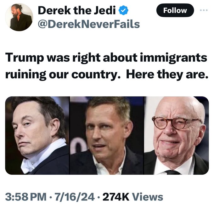 genechick50's tweet photo. @jimstewartson To Peter Thiel @peterthiel Go back to S. Africa & take you're Silicon Valley #EliteSwines with you! You will not take away "Our Democracy without a FIGHT. Donald tRump, Elon Musk, Rupert Murdoch, David Sacks & more of the "Silicon Valley" Billionaire Whores #MuskCannotBeTrusted https://t.co/6xjUPrQMBv