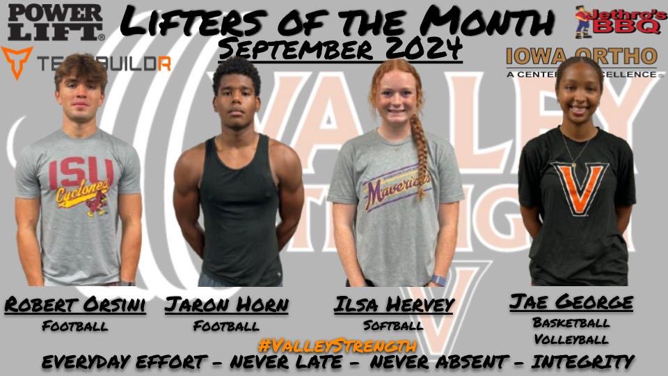 Congratulations to our Lifters of the Month for September 2024! These individuals display characteristics not only needed to excel in the weight room, but in life as well! Thank you for setting the example! #whosnext