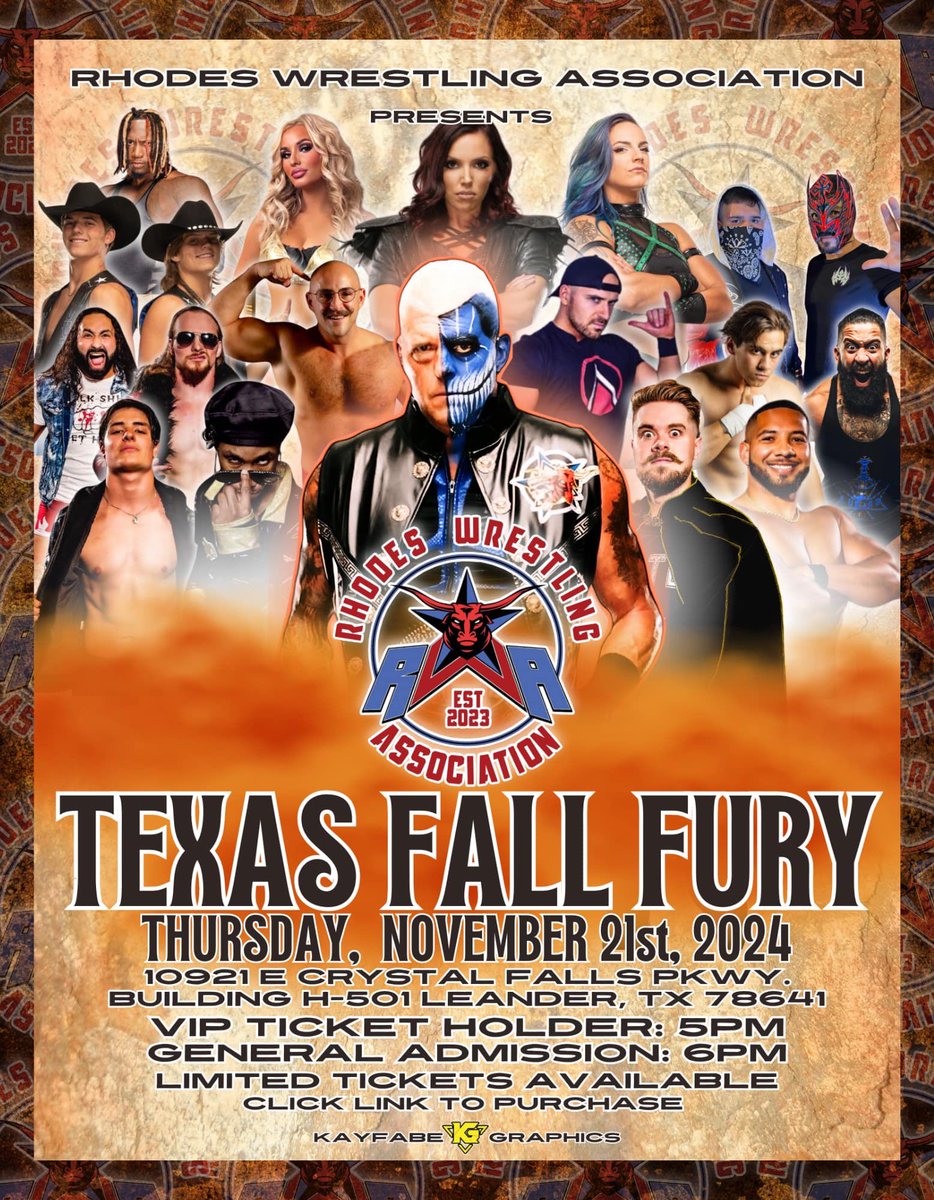 Dustin Rhodes (@dustinrhodes) on Twitter photo Limited tix available this Friday at 12 central. Stay tuned!!!
<a href="/RhodesWrestling/">Rhodes Wrestling Association</a>
#TexasFallFury Limited tix available this Friday at 12 central. Stay tuned!!!
<a href="/RhodesWrestling/">Rhodes Wrestling Association</a>
#TexasFallFury
