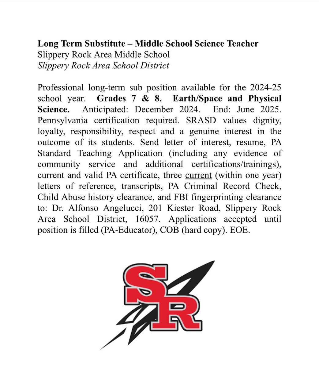 Work in an award-winning school district 👇👇👇. See our ads for more info ⁦<a href="/SRAHSATHLETICS/">Slippery Rock Athletics</a>⁩ ⁦<a href="/srucoe/">SRU College of Education</a>⁩ ⁦<a href="/PADeptofEd/">PA Department of Education</a>⁩ ⁦<a href="/miuiv/">miu4</a>⁩ Go Rockets! 🚀