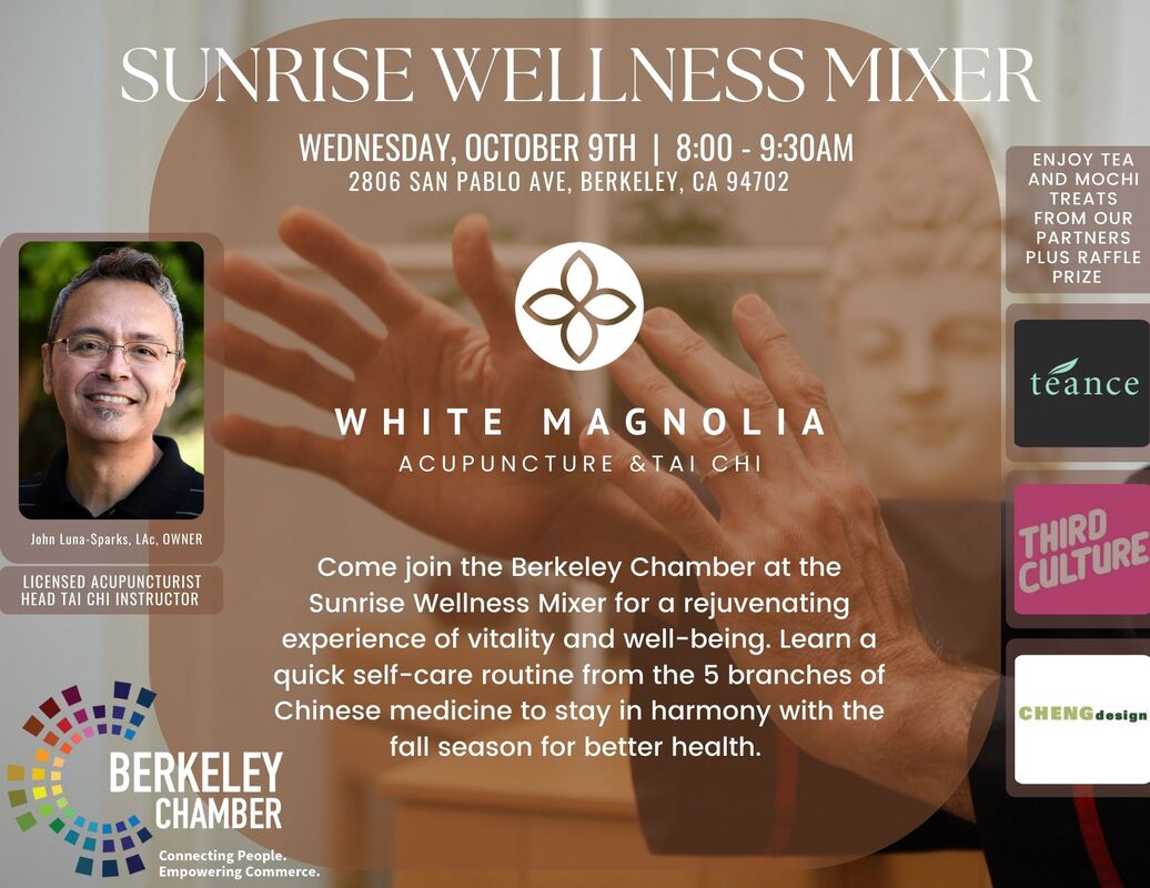 weBerkeley's tweet image. Sunrise Wellness Mixer
Wednesday, October 9  |  8:00 to 9:30am
White Magnolia Acupuncture &amp;amp; Tai Chi  |  2806 San Pablo Ave.

Join us for a rejuvenating experience of vitality and well-being at our second SUNRISE WELLNESS MIXER!

Register now: web.berkeleychamber.com/events/Sunrise…

@Teance
