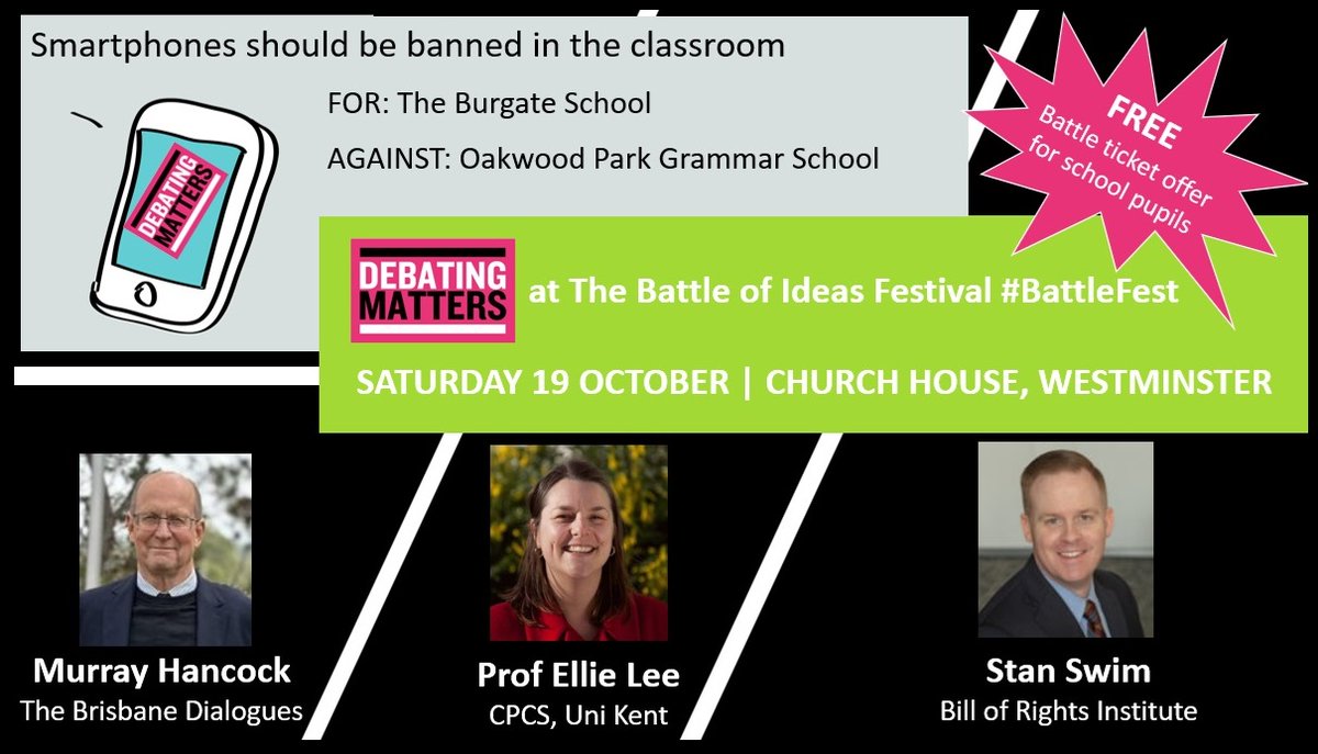 Delighted to announce our fabulous panel of judges for DM at #BattleFest

👏Murray Hancock of <a href="/BNEdialogues/">The Brisbane Dialogues</a> 
👏Prof Ellie Lee of <a href="/CPCS_UniKent/">Parenting studies</a> 
👏Stan Swim of <a href="/BRInstitute/">Bill of Rights Institute</a> 

who will be judging <a href="/BurgateSchool/">The Burgate School & Sixth Form</a> &amp; <a href="/OpgsSixth/">OPGS Sixth Form</a> debating 'Smartphones should be banned in the classroom'📳