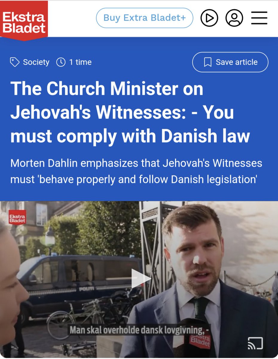 Ron_POMO's tweet image. Denmark:
"The Church Minister on Jehovah's Witnesses: - You must comply with Danish law" 

"Jehovah's Witnesses have been asked to answer a number of questions before 9 October." 

Translate in browser
ekstrabladet.dk/nyheder/samfun…