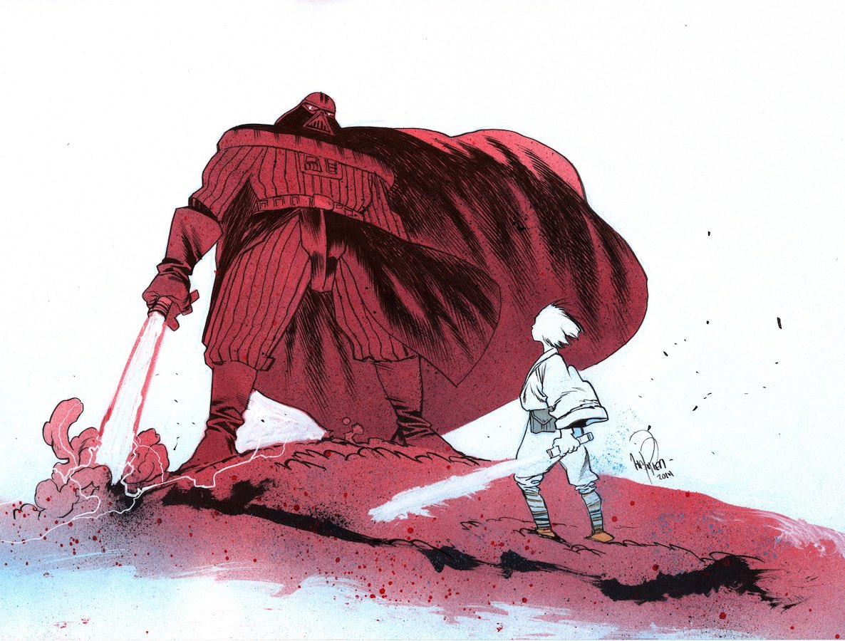 Luke Skywalker vs. Darth Vader original art commission by <a href="/JamesHarren1/">James Harren</a>! 9x12! Did everyone grab their copy of ULTRAMEGA #5? If not, run to your local comics shop now…because the original art for this wild second arc is coming soon! Good luck everyone! www.felixcomicart.con