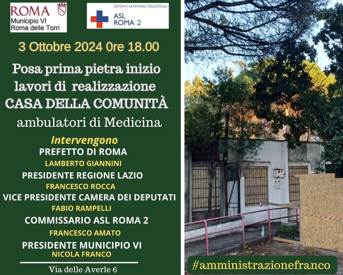DA SIMBOLO DI ILLEGALITÀ A SERVIZIO PER LA COMUNITÀ DEI CITTADINI DEL MUNICIPIO DELLE TORRI!!
32 anni dopo sgomberato immobile occupato.
Iniziato cantiere per la realizzazione della “Casa della Comunità “ASL Roma 2 
Grande risultato per tutti !
#amministrazionefranco