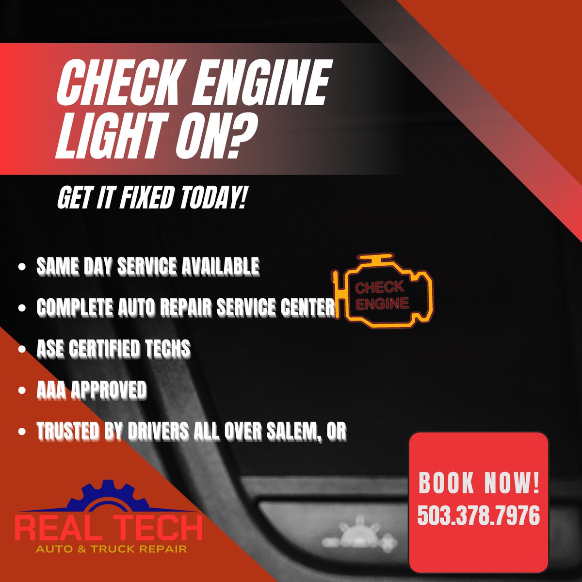 DriveTimeAutoOR's tweet image. Check engine light on? Don’t wait! Bring your car to RealTechAuto for a diagnostic &amp;amp; same-day service. Trusted by drivers all over Salem! 🔧 BOOK NOW: myalp.io/wstkis 📷 2590 Cherry Ave NE, Salem, OR 📷 Realtechauto.com