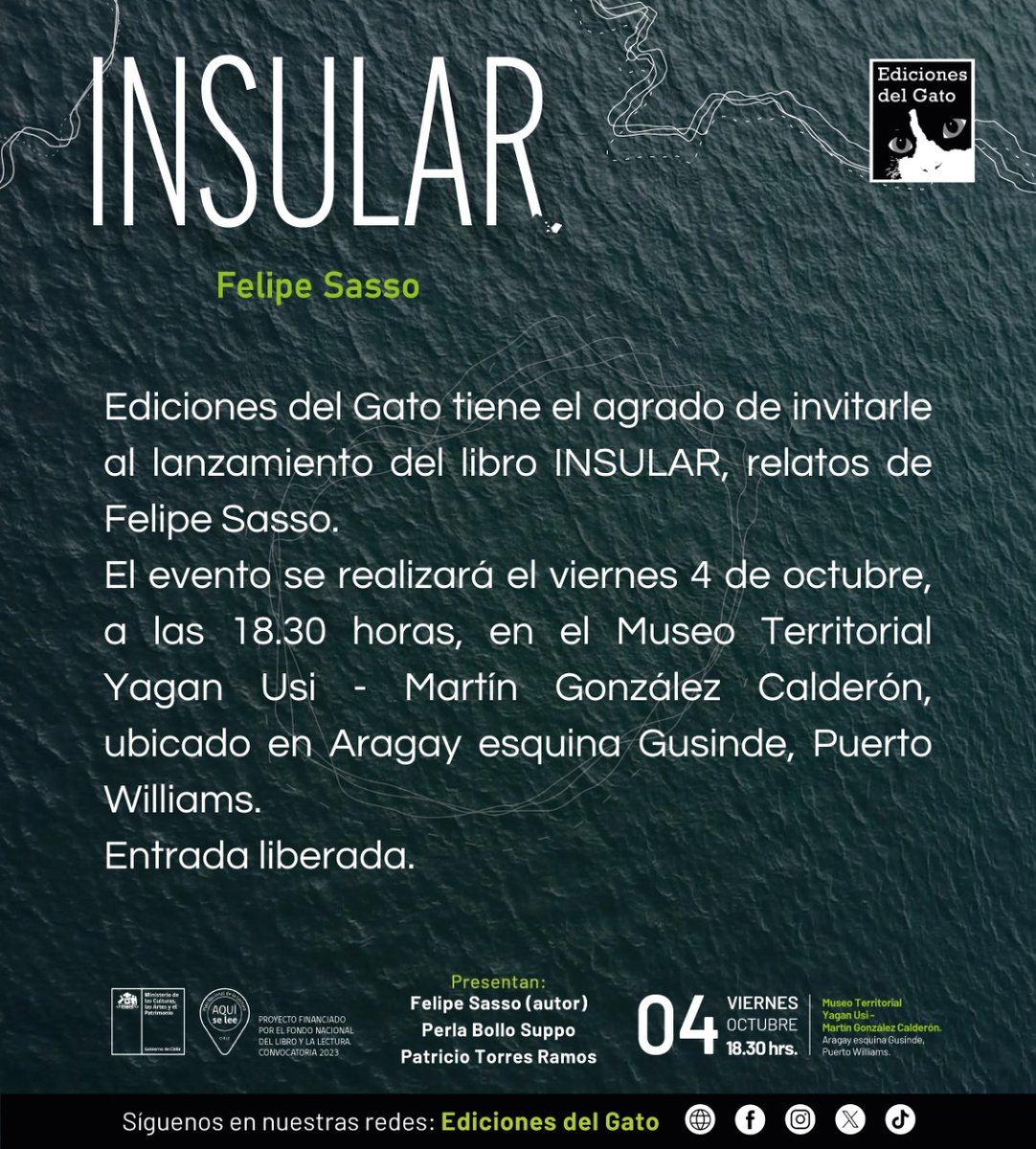 Ediciones del Gato (@edicionesdelga2) on Twitter photo Nos vestimos de etiqueta (bien abrigados, sí) para un evento en el museo más austral del mundo:
INSULAR, relatos de <a href="/fjsasso/">Felipe Sasso</a>.
Viernes 4 de octubre, 18.30 horas en el Museo Territorial Yagan Usi - Martín González Calderón. Aragay esquina Gusinde, #PuertoWilliams
<a href="/culturasmag/">Culturas Magallanes</a> Nos vestimos de etiqueta (bien abrigados, sí) para un evento en el museo más austral del mundo:
INSULAR, relatos de <a href="/fjsasso/">Felipe Sasso</a>.
Viernes 4 de octubre, 18.30 horas en el Museo Territorial Yagan Usi - Martín González Calderón. Aragay esquina Gusinde, #PuertoWilliams
<a href="/culturasmag/">Culturas Magallanes</a>