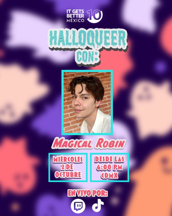 ItGetsBetterMx's tweet photo. 🎃 ¡Ya llegó Octubre! Y lo arrancamos con Magical Robin en nuestra transmisión de los miércoles por Twitch y TikTok. #Halloqueer 🌈
🔗 https://t.co/dR9Jupjt4c https://t.co/jIDoBR49zU