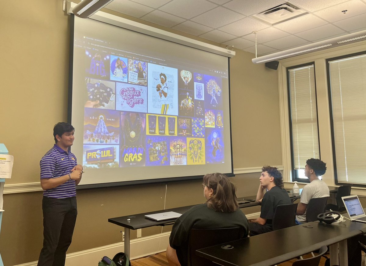 Had the amazing opportunity to discuss my work and creative process with the <a href="/ManshipSchool/">LSU Manship School of Mass Communication</a> Visual Communications Students today!! Got to tell them all about how doodling on my school desk led me to working with one of the biggest brand in sports 😌🎨