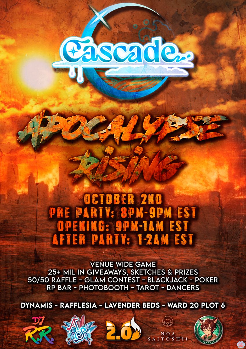 Cascade - *Apocalypse Rising*

8:00-2:00am EST
Dynamis - Rafflesia - LB - W20 - P6

- 25m+ in Sketch Art, Prizes &amp; Giveaways
- Survivor's Path venue game
- Glam Contest
- And more!

Music:<a href="/RansetsuReyer/">ransetsureyer.bsky.social</a>,<a href="/AemiliaSatella/">Aemilia 🦋🎵 ➡️ MSQ Stream Marathon</a>,<a href="/two_pointzero/">two pointzero</a>,<a href="/noasaitoshii/">Noa Saitoshii</a>,<a href="/DFlannas/">DJFlannas</a>
Flyer: @clouded_skiies