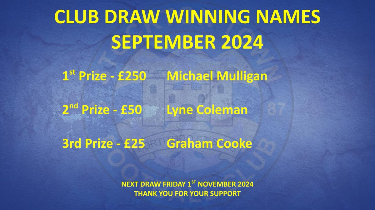 stockton_townfc's tweet photo. ⚽ 𝗖𝗟𝗨𝗕 𝗗𝗥𝗔𝗪 - September 2024
Here's a reminder of the three winners for September's Club Draw. Congratulations and thank you to everyone that continues to support the draw.
#UTA⚓️ #ClubDraw https://t.co/mMl9mmN9NX