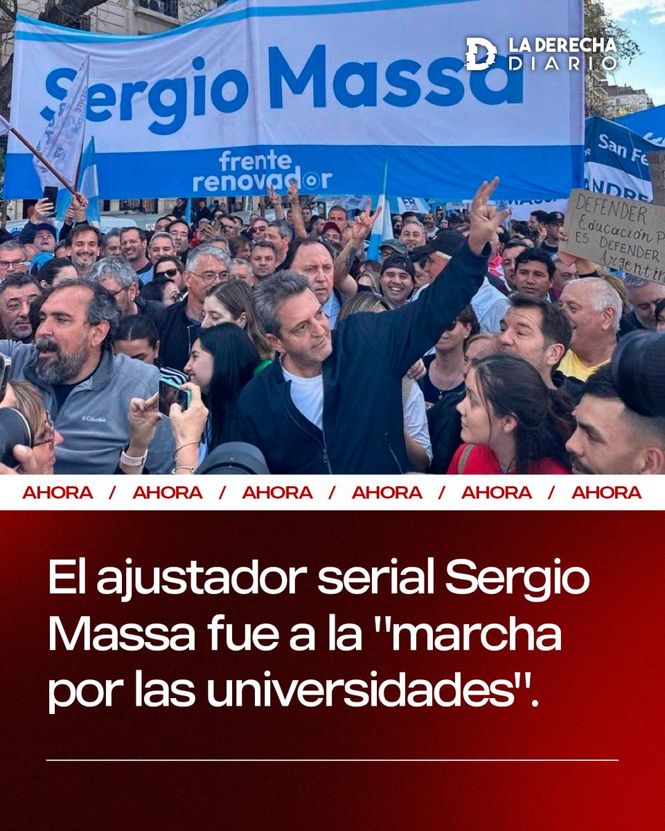 🚨🇦🇷 | El ajustador serial Sergio Massa, quien al asumir en 2022 como super-Ministro de Economía recortó en $70.000.000.000 pesos al Ministerio de Educación, fue a la marcha kirchnerista "por las universidades".

Es tendencia número uno de Argentina #LaMarchaDeCFK