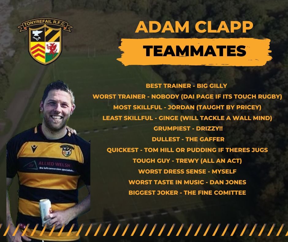 🏉TRFC Teammates🏉

This week it’s Clappy dishing the dirt (mainly because he forgot to ask one of the boys to) 

Nobody will move quicker up doctors hill than pudding if there’s Jugs on 🍺 

🖤🧡