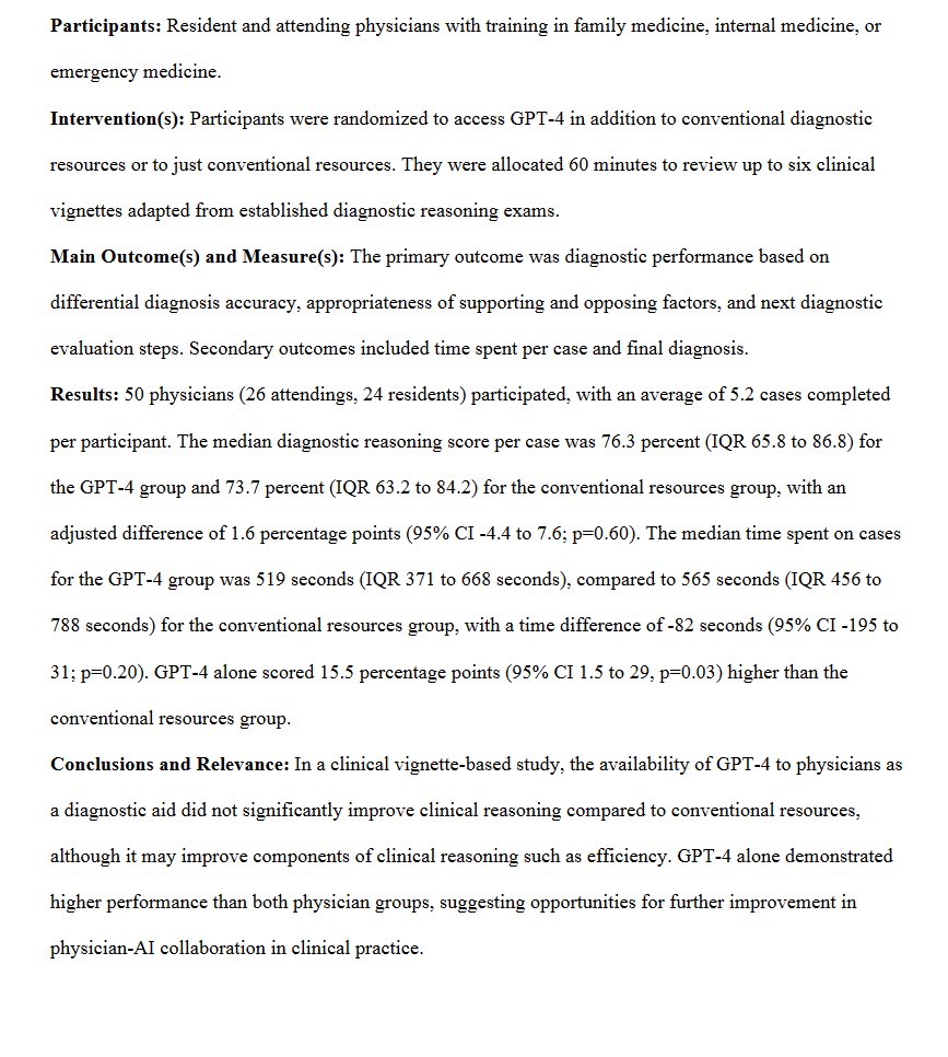Ok. Deleting this and reposting given the Community Note (you can see the original and Note below). The main point doesn’t change in any way, but I want to make sure I am clear in this post that the measurement was diagnostic reasoning &amp; not final diagnoses.

A preview of the