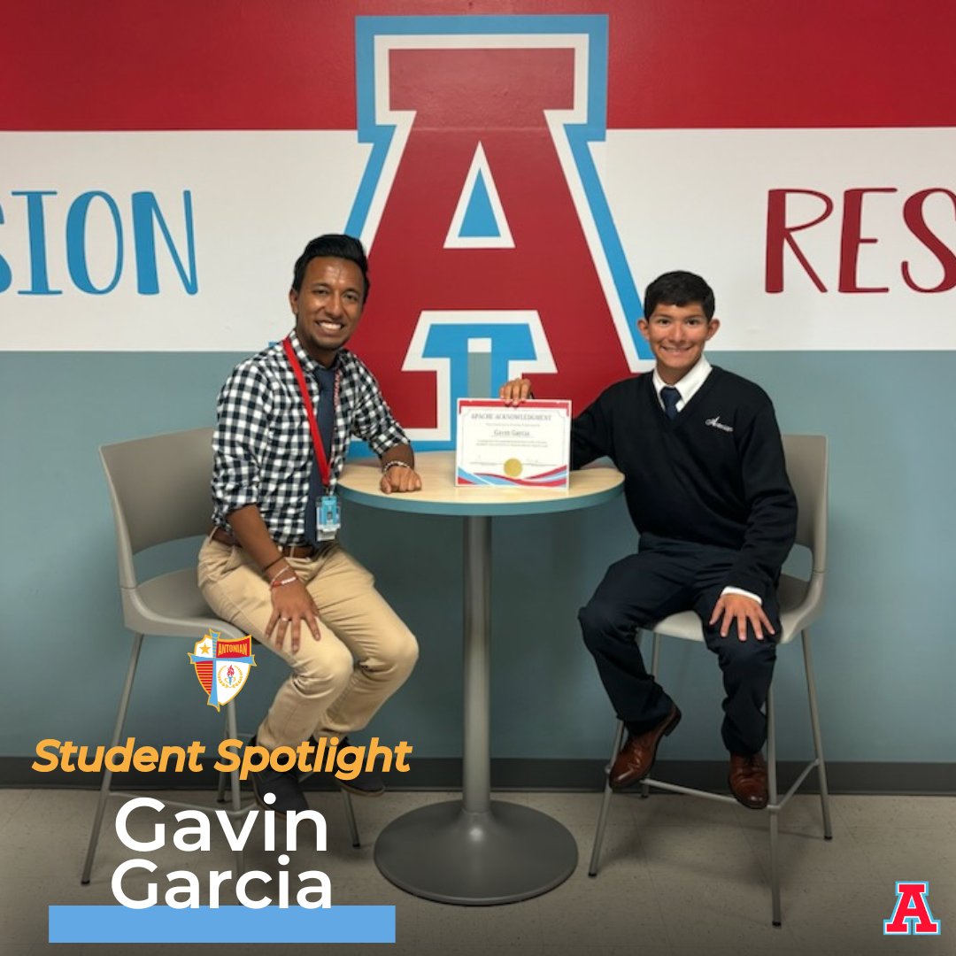 ⭐Student Spotlight⭐

We would like to recognize Gavin Garcia as a recipient of our "Apache Acknowledgement" Award. Our Director of Admissions, Mr. Contreras, recently recognized Gavin for demonstrating our Core Value of "Love" by helping the Antonian Grill Team.

#weareantonian