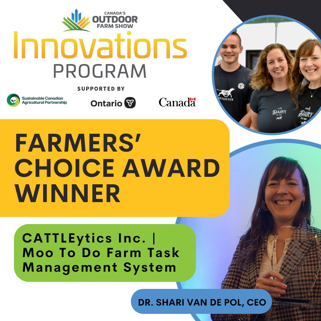 Canada's Outdoor Farm Show (@outdoorfarmshow) on Twitter photo The winner of our Farmers' Choice Award is <a href="/cattleytics/">CATTLEytics Inc</a> !
Congrats to Dr. Shari Van De Pol and team! CATTLEytics Inc. has won the Farmers' Choice Award supported by
<a href="/AgricultureON/">Ontario Agriculture, Food and Agribusiness</a> for their Moo To Do Farm Task Management System!
See CATTLEytics here cattleytics.co The winner of our Farmers' Choice Award is <a href="/cattleytics/">CATTLEytics Inc</a> !
Congrats to Dr. Shari Van De Pol and team! CATTLEytics Inc. has won the Farmers' Choice Award supported by
<a href="/AgricultureON/">Ontario Agriculture, Food and Agribusiness</a> for their Moo To Do Farm Task Management System!
See CATTLEytics here cattleytics.co