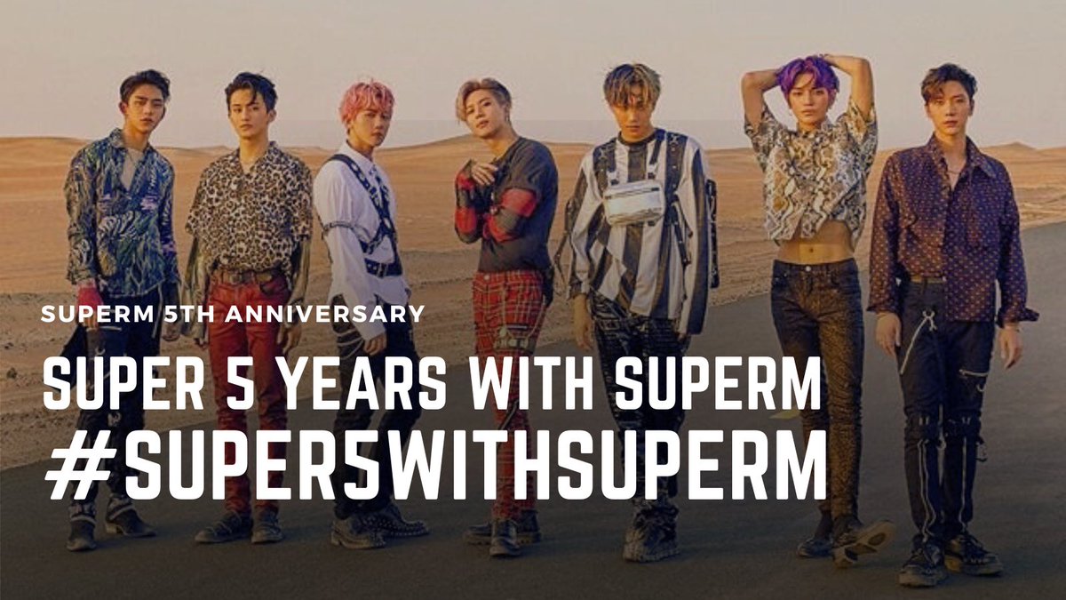 SuperM’s 5th debut anniversary is approaching 🎉
Let's celebrate together by using the following tagline and hashtags:

Tag line:
Super 5 years with SuperM

#️⃣.Super5withSuperM

When?
📆 4th October
⏰ 12 am KST

Don't forget to tag @SuperM

#SuperM #슈퍼엠