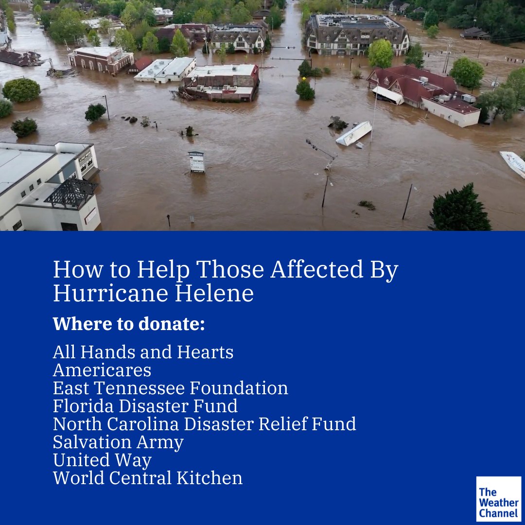 weatherchannel's tweet photo. Hurricane Helene has left a trail of destruction across the Southeast. Here are ways you can help those impacted as relief efforts begin: https://t.co/h34OSeS4Oa https://t.co/7muaIgIE7z