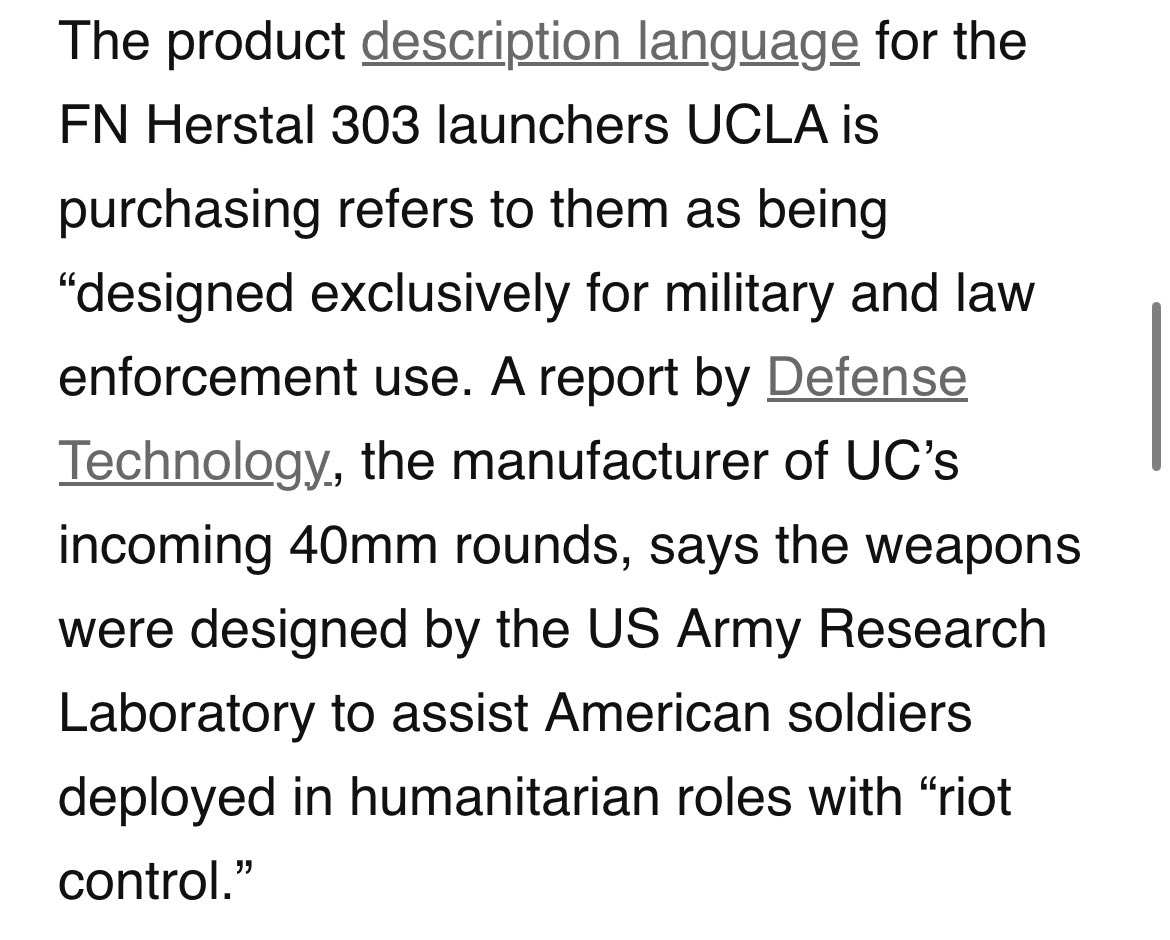 New from me. University of California campuses are buying more weapons for their police they say will not be used for protests. The University also says the weapons aren’t military-grade or designed for military use. Which isn’t true. 

lapublicpress.org/2024/10/ucla-m…