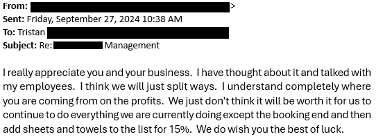 TXStrGuy's tweet photo. I own an STR in a small summer town with avg. occupancy of 33%. We did 16% in 2023. 14% YTD. 

PM charges 35% of revenue. Last week I proposed 15%. I'll handle calendar. Win-win! They said no.

I launched on Friday. 14 nights booked for October. 0 in 2023. Self-management is key. https://t.co/3B47KQreU3
