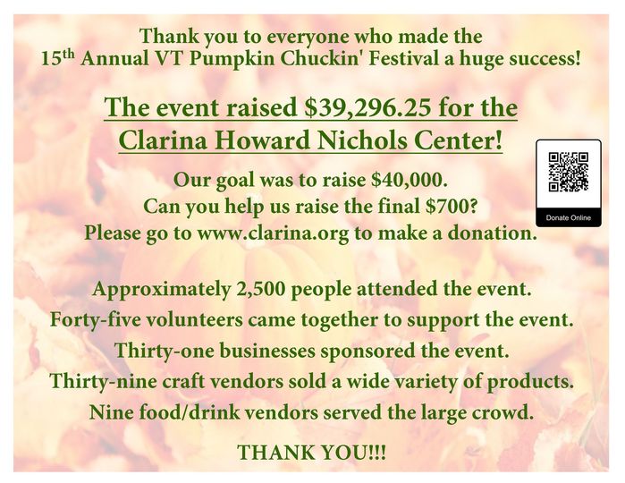 pumpkinchuckin's tweet photo. Your support of the Clarina Howard Nichols Center and our festival this year was fantastic! https://t.co/EwCs3ignTB