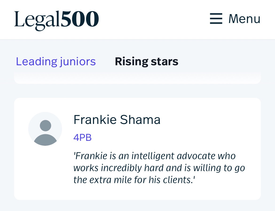 I am delighted to have been ranked as a Rising Star in this year’s Legal 500 (Family: Children and Domestic Abuse). 

I am enormously grateful to all my instructing solicitors who were kind enough to be referees, as well as my brilliant colleagues and clerks <a href="/4PBFamilyLaw/">4PB</a> .