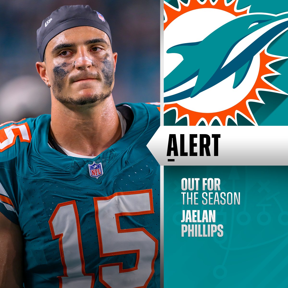 Dolphins LB Jaelan Phillips announces he will miss rest of the season with a knee injury.