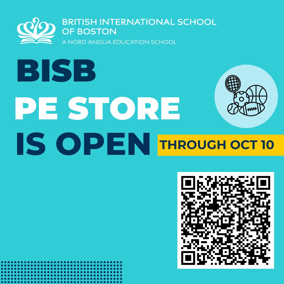 BISB_School's tweet image. The PE uniform store is open again through Oct. 10. Scan the QR code to shop!
PE uniforms are mandatory and can only be purchased through BSN Sports. All students in Years 7 to 13 must wear the BISB PE uniform for their PE lessons.
#bisbcommunity