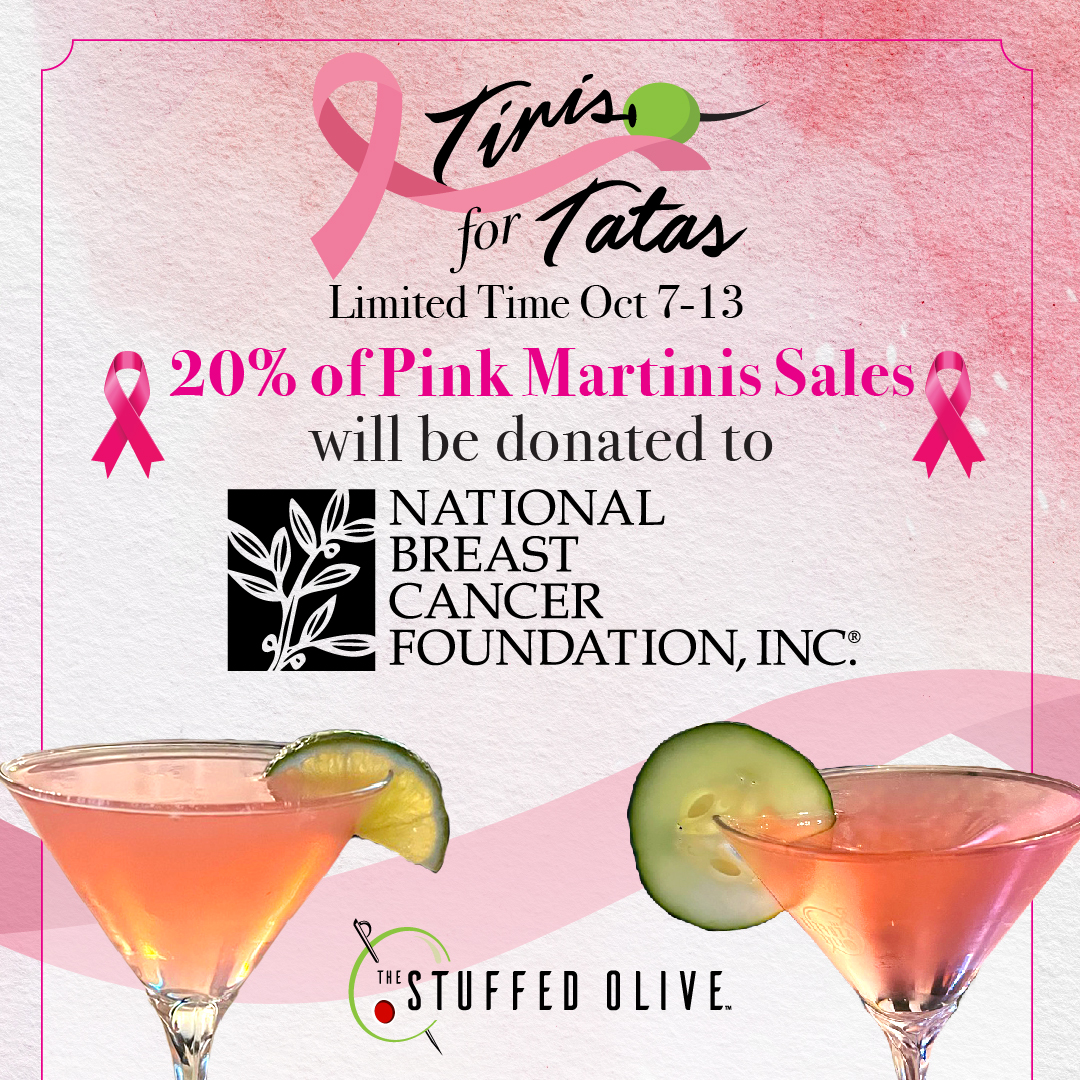 🩷 Tinis for Tatas from Oct 7-13th! Order a pink martini and 20% will be donated to @nbcf.🍸

Drinks include: Cosmo, Pink Lemonade, Grapefruit, Love Potion, Cucumber Melon, &amp; Sweet Tart! 💕 

#thestuffedolivecf #martinibar #cedarfalls #mainstreetcedarfalls #BreastCancerAwareness