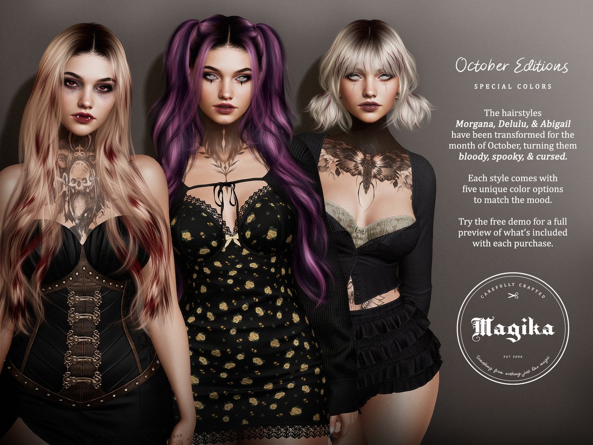 To celebrate the arrival of the spooky season, we've made five unique hair colors each for the styles Morgana, Delulu, and Abigail. These are available for L$99 per pack at the mainstore

maps.secondlife.com/secondlife/Mag…

#magika #magikahair #secondlife #secondlifehalloween #slhalloween
