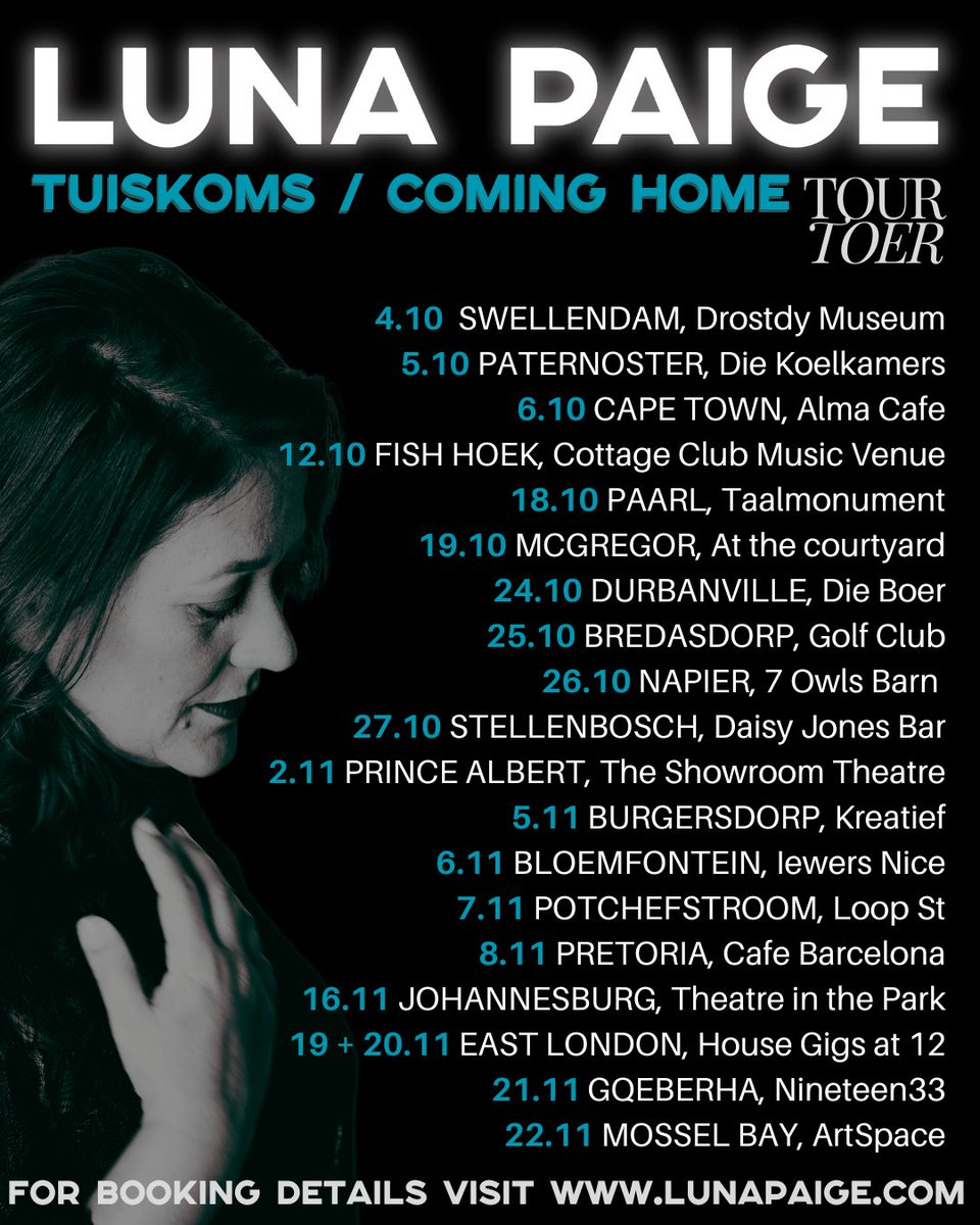 Put a venue to the date &amp; make your booking! The #ComingHomeTour kicks off on Fri, 4 Oct. Jay! Check the gig details on lunapaige.com