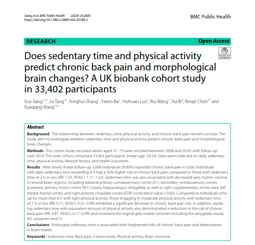 Does sedentary time and physical activity  predict chronic back pain and morphological brain changes? A UK biobank  cohort study in 33,402 participants

pubmed.ncbi.nlm.nih.gov/39354455/