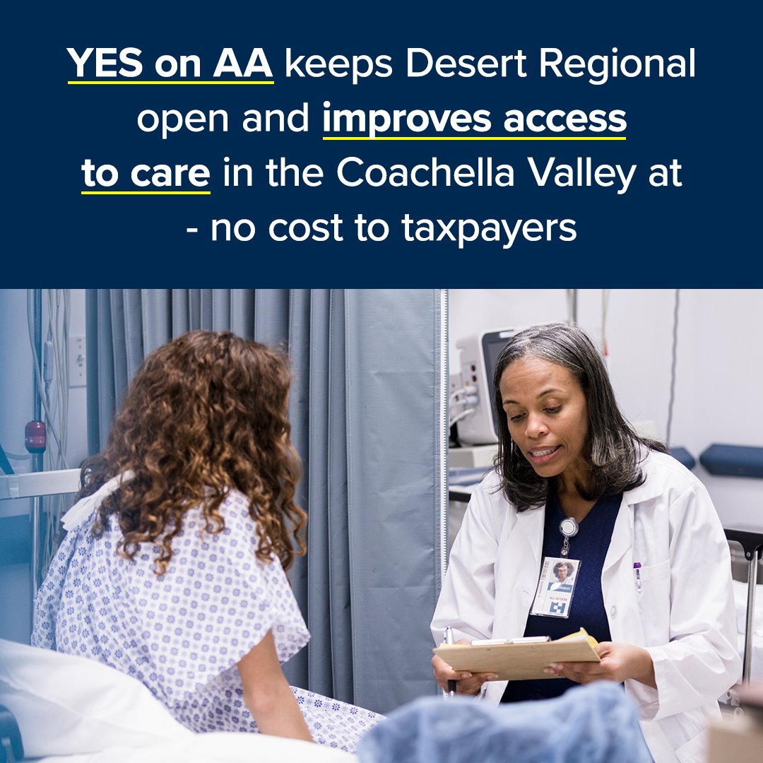 YesMeasureAA's tweet image. Voting YES on Measure AA means keeping Desert Regional Medical Center open, ensuring our community continues to receive lifesaving care, at no cost to taxpayers. Learn more &amp;gt; bit.ly/4gQ7SzJ