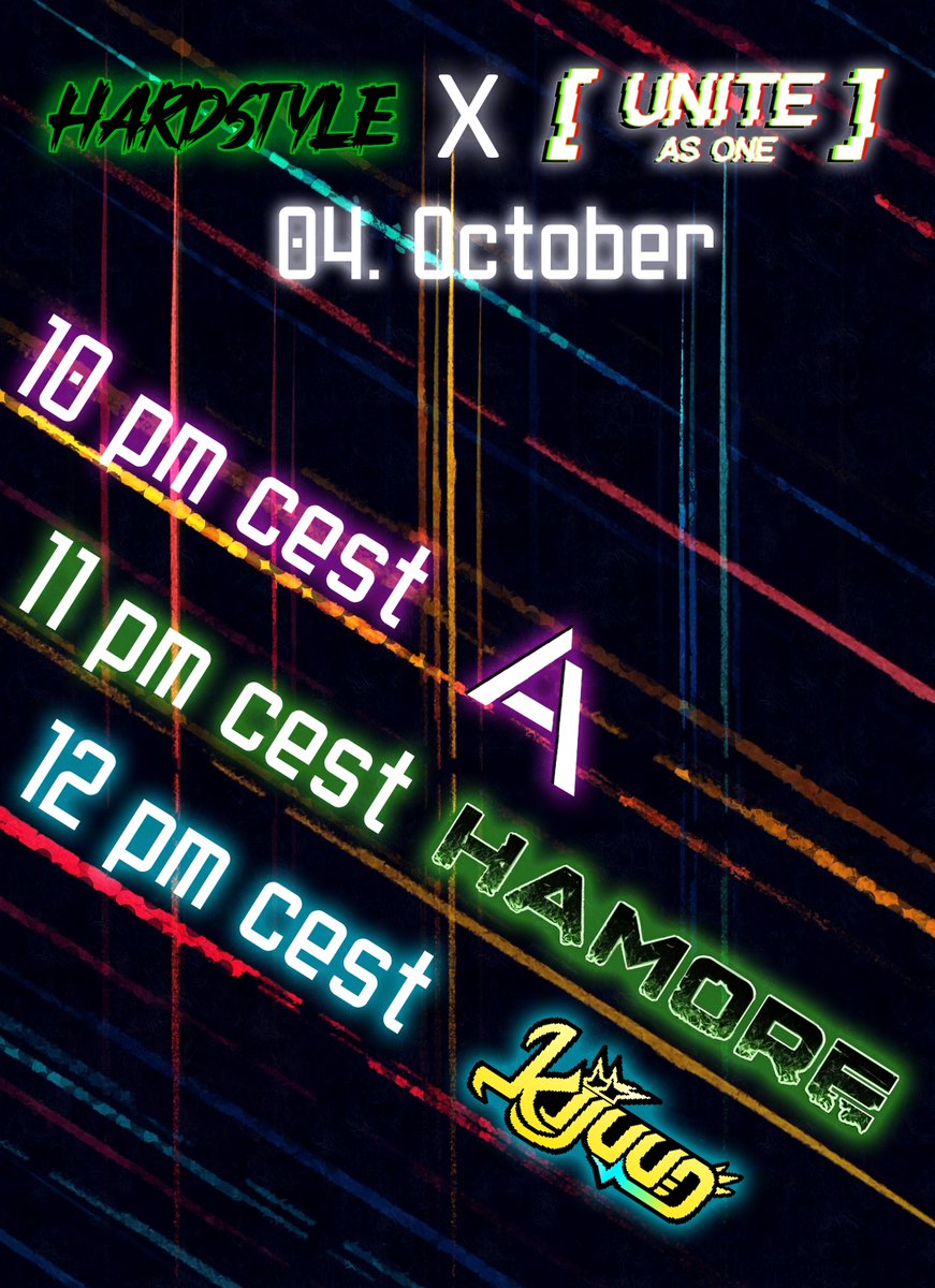 🔥Hardstyle x UNITE🔥 - 04. October in #VRChat

Lineup: 
- <a href="/Asumythdj/">Asumyth</a> 10 pm cest
- Hamore 11 pm cest
- <a href="/kijuun/">ki</a> 12 pm cest

You can join over at the UNITE group
vrc.group/UNITE.7841