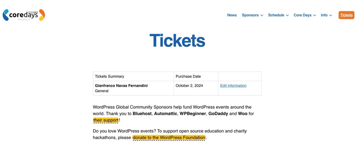 Guess what? Just grabbed my ticket for Rome Core Days! 🎉

🌎 lnkd.in/d-74TKkV

Calling all WordPress enthusiasts—whether you're a developer, designer, or just passionate about making WordPress even better, this event is for you! 🤓