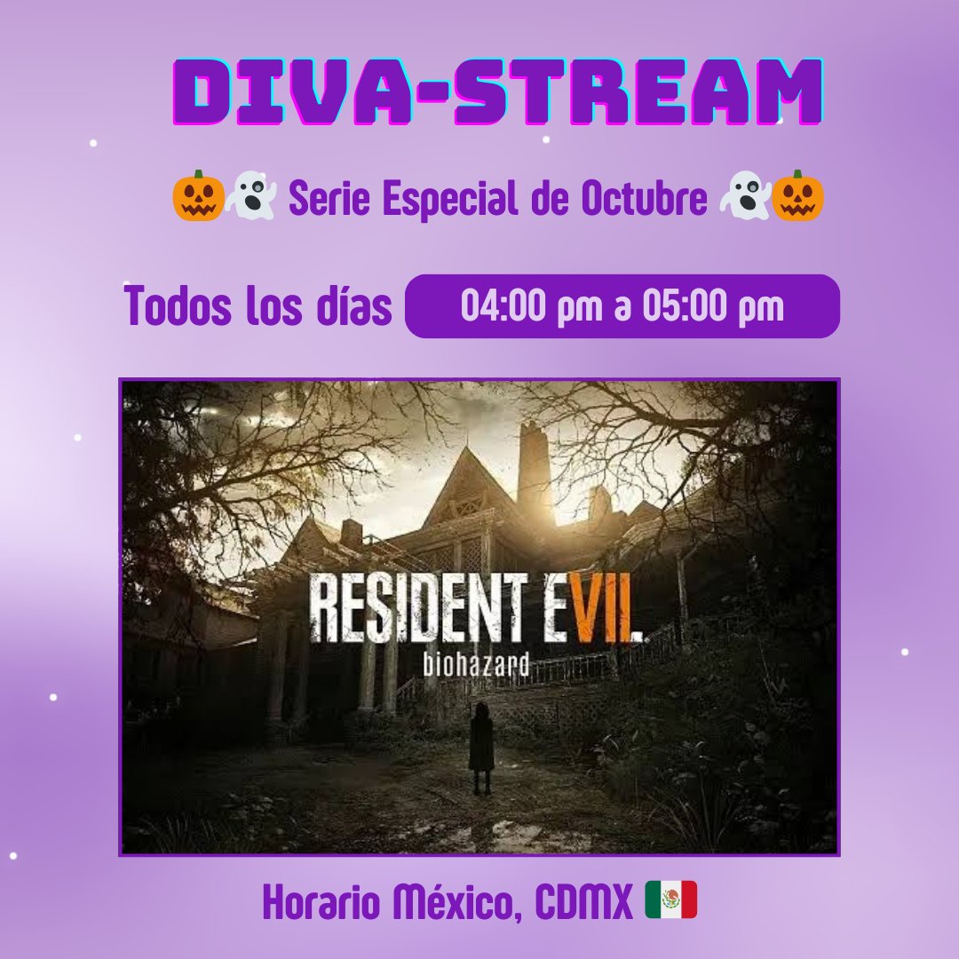 DiVaPurpleGamer's tweet photo. Nueva Serie en Stream para el mes de Octubre! 👻🎃 Jugaré Resident Evil 7 todos los días de 4:00pm a 5:00pm 🎮💜 Soy bien miedosa! Acompáñame! 🫣
💜 https://t.co/G2OWelvHst… 
#gamergirl #streamergirl #gamer #twitchstreamer #streamer #PS5 #ResidentEvil #residentevil7 #Octubre2024 https://t.co/cSKWgNS8fp