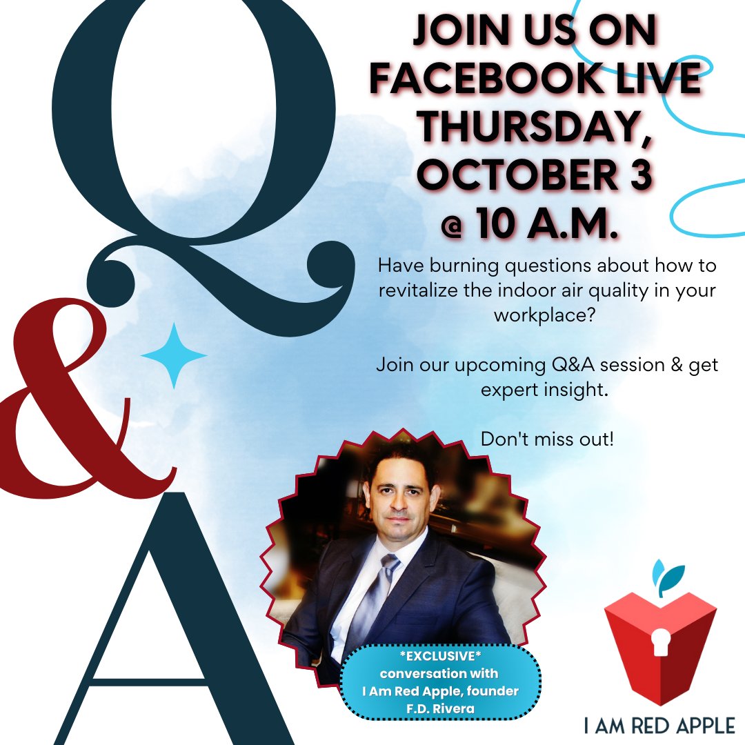 Join Our LIVE Q&amp;A with F.D. Rivera, CEO of I AM RED APPLE! 🌬️

Join us TOMORROW — Thursday, October 3rd at 10 AM for a Facebook LIVE Q&amp;A with F.D. Rivera, CEO and Founder of I AM RED APPLE!

#LiveQandA #AirQualityMatters #IndoorAirSafety #IAQ #IAmRedApple #IndoorAir #AirQuality