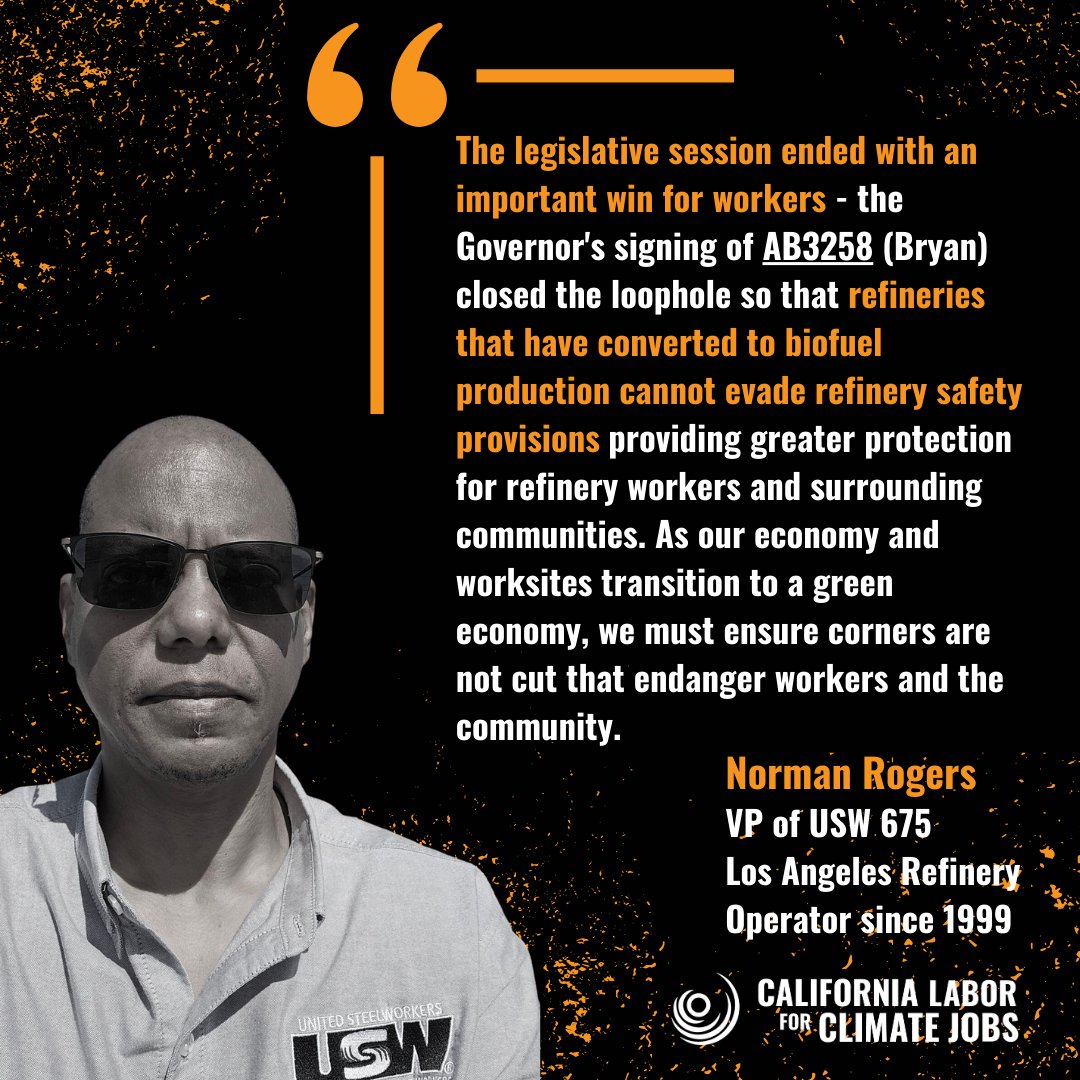 CALabor4ClimateJobs (@c_l_c_j) on Twitter photo Victory! 👏👏👏 CLCJ applauds the Legislature and <a href="/CAgovernor/">Governor Gavin Newsom</a> for the passage of AB3258 (Bryan) Biofuel Refinery Safety for Workers and Communities. Victory! 👏👏👏 CLCJ applauds the Legislature and <a href="/CAgovernor/">Governor Gavin Newsom</a> for the passage of AB3258 (Bryan) Biofuel Refinery Safety for Workers and Communities.