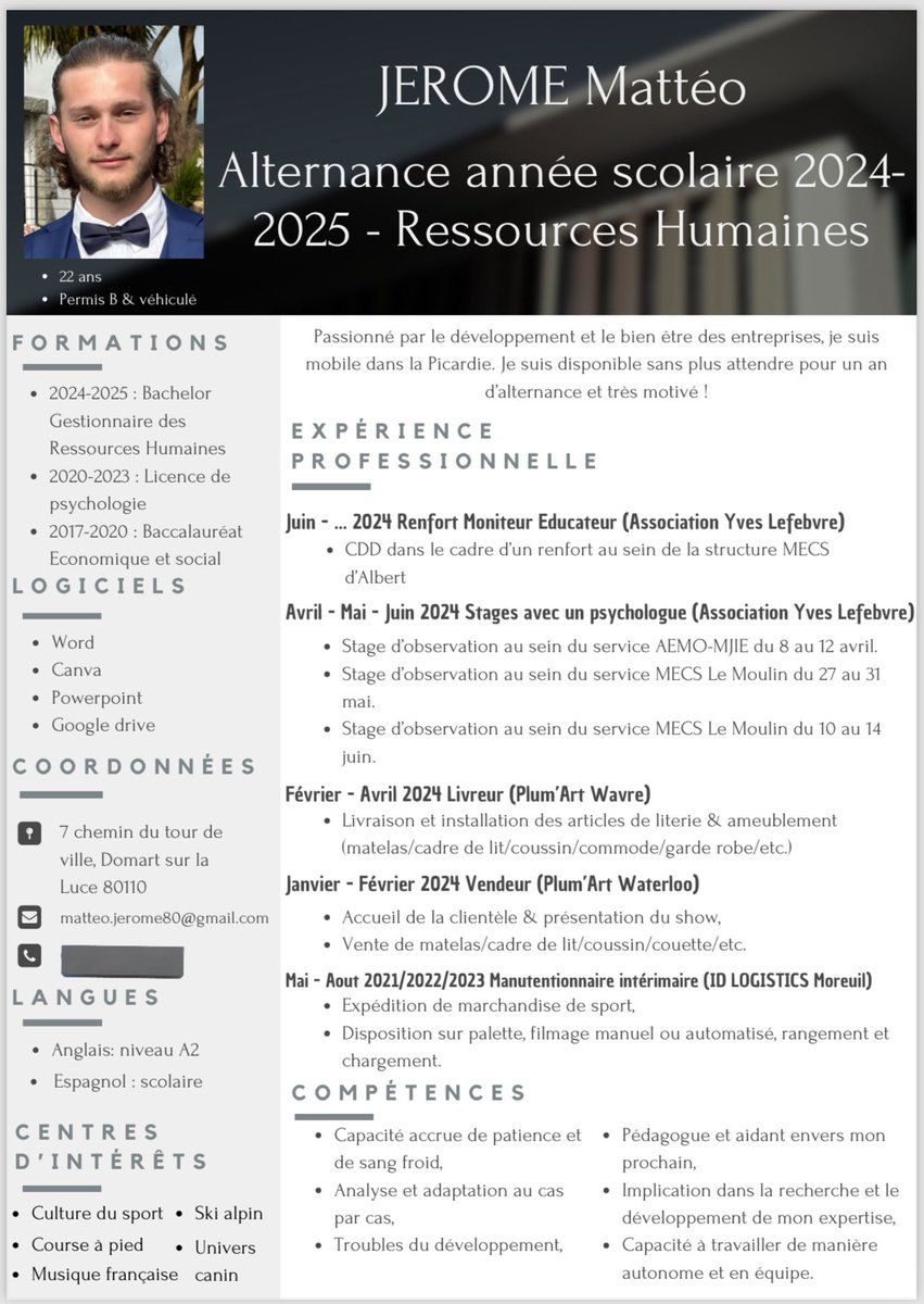 Je suis à la recherche d’une alternance en tant que assistant RH / chargé de recrutement / chargé de mission RH et développement des compétences pour une année ! Je suis disponible dans la quasi totalité de la Picardie et sans attendre ! 

Merci à ceux qui rt ma publication..🙏