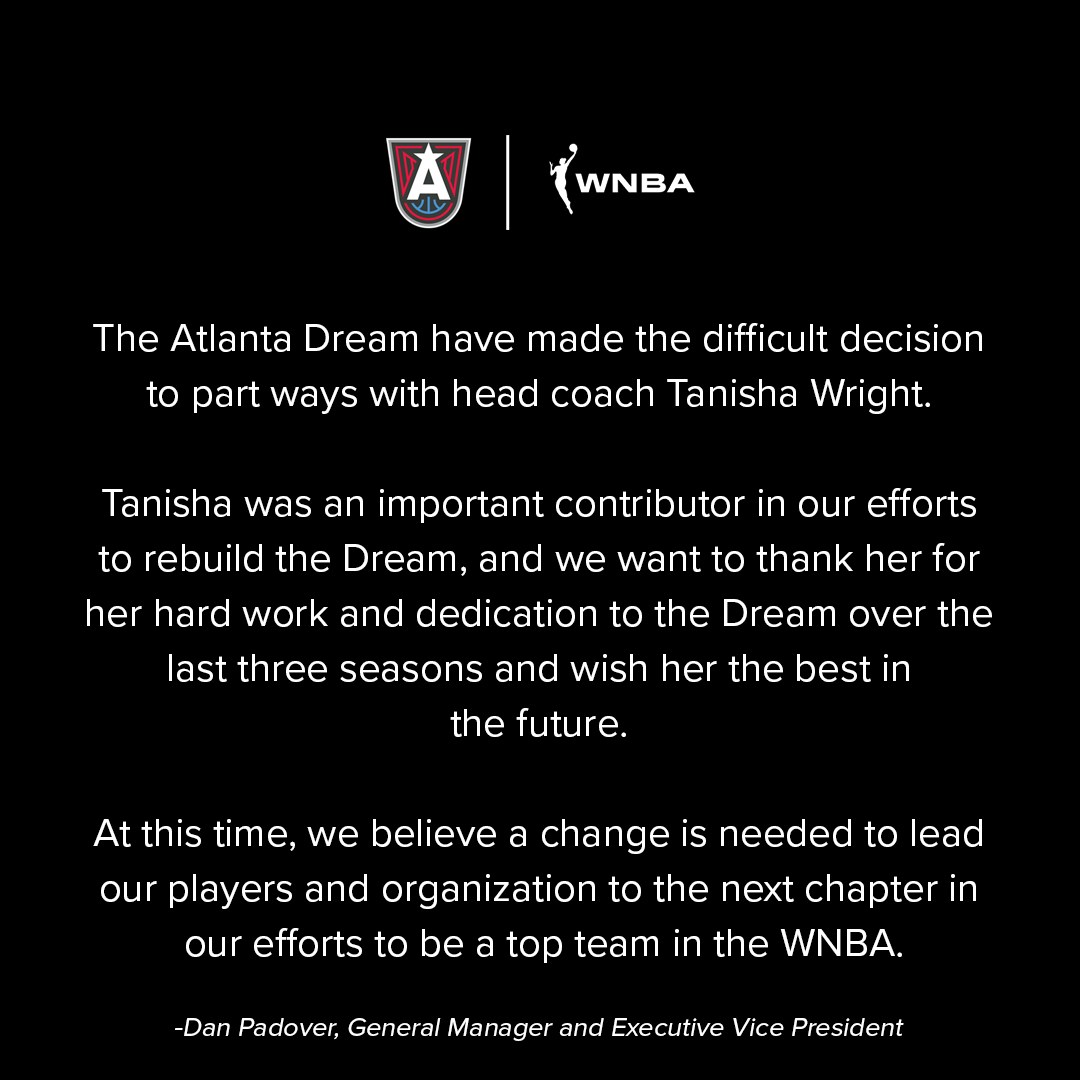 AtlantaDream's tweet photo. We have made the difficult decision to part ways with head coach Tanisha Wright. https://t.co/BkEkdrvWIR