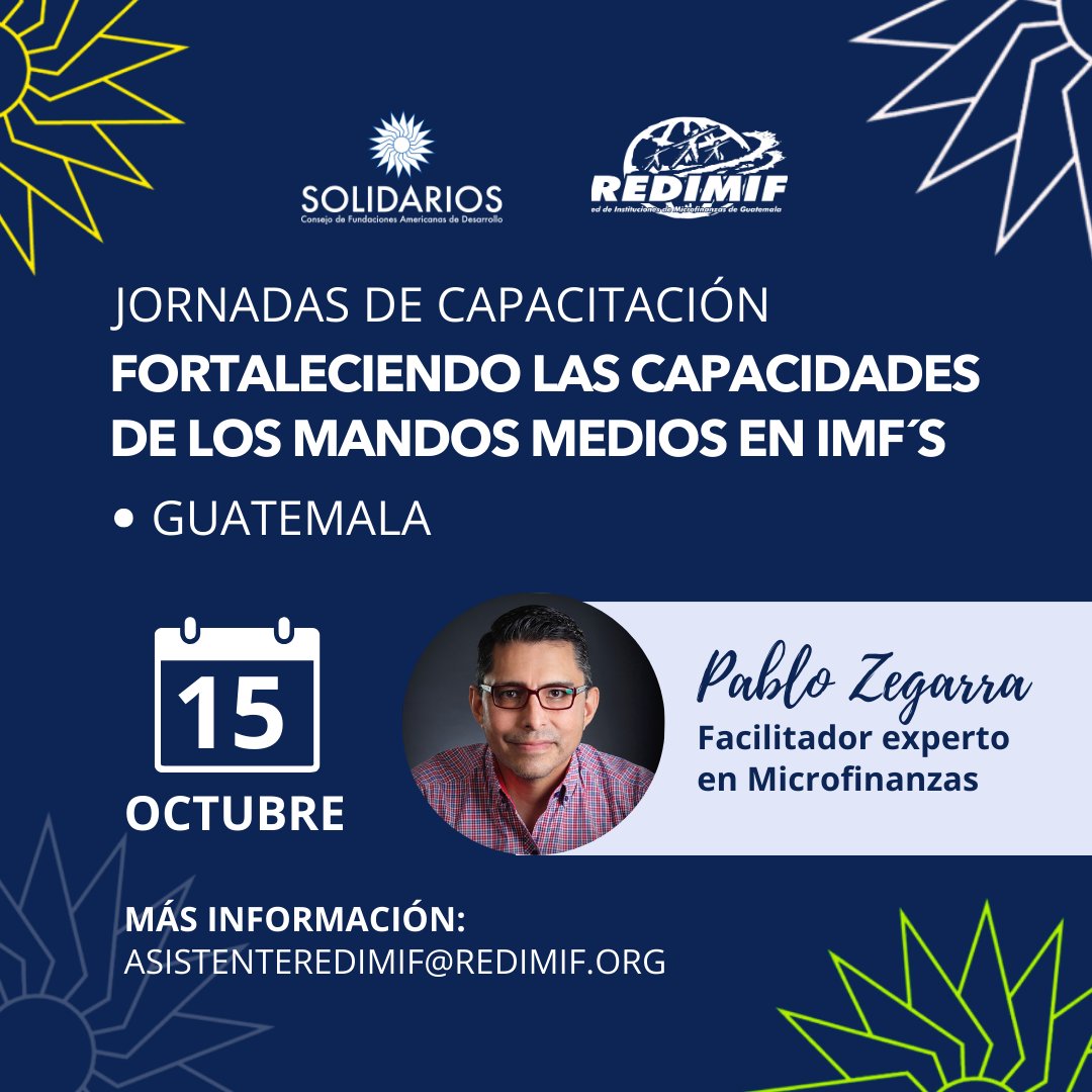 🌍✨ ¡Nos preparamos para fortalecer las #capacidades de los mandos medios en #IMF 's! 💼💡
📅 15 de octubre  
📍#Guatemala

🔗 ¡No te pierdas esta oportunidad de aprendizaje y crecimiento! Para más información, escribe a: asistenteredimif@redimif.org
#CapacitaciónIMF #Solidarios
