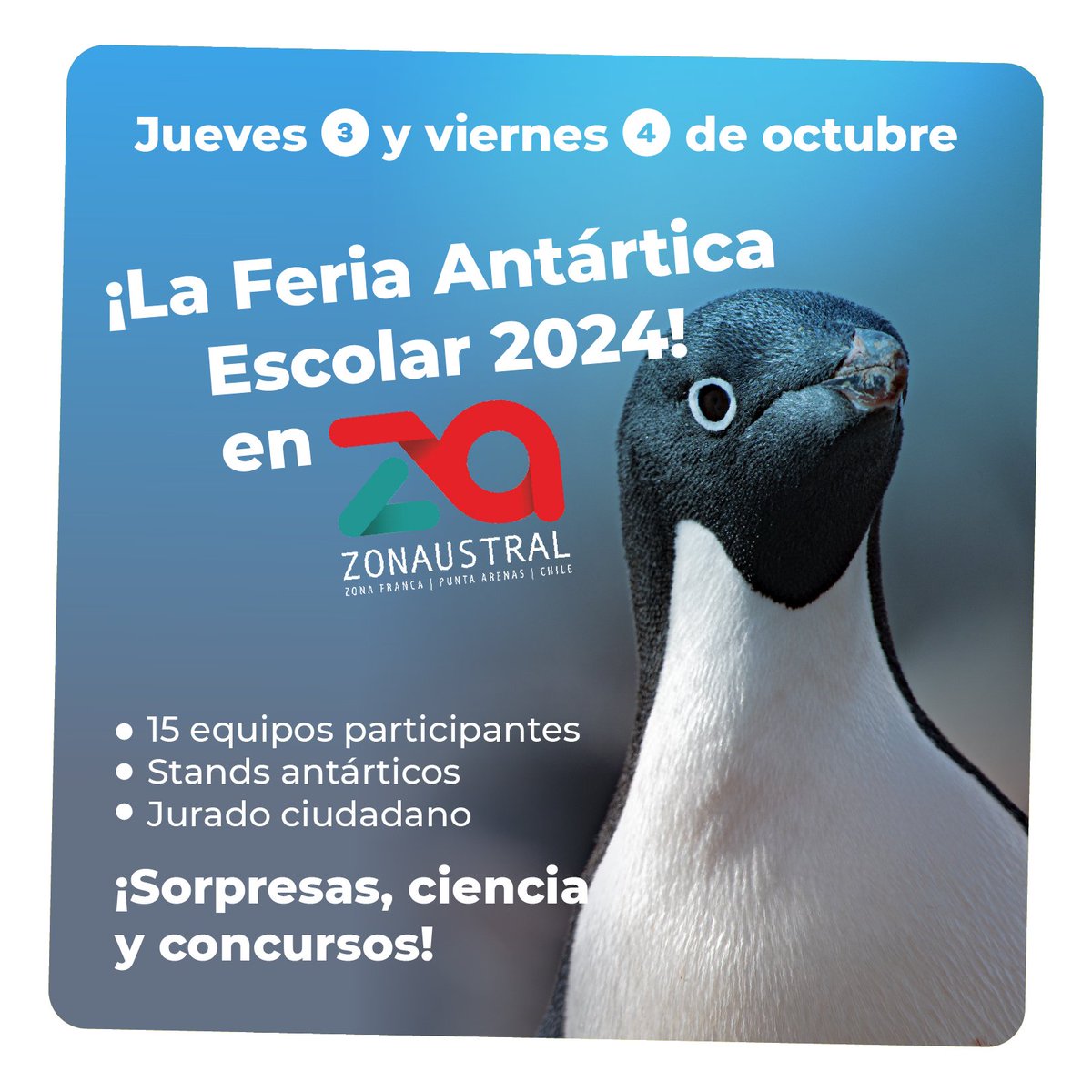 inach_gob's tweet photo. 🇦🇶🇨🇱 ¡Visita la Feria Antártica Escolar! Este jueves 3 y viernes 4, los y las estudiantes que participan de este certamen estarán presentando sus proyectos en la sala de exposiciones de Zonaustral, entre otras sorpresas. 
¡Te esperamos! 😉 https://t.co/m7sIYC1FAg