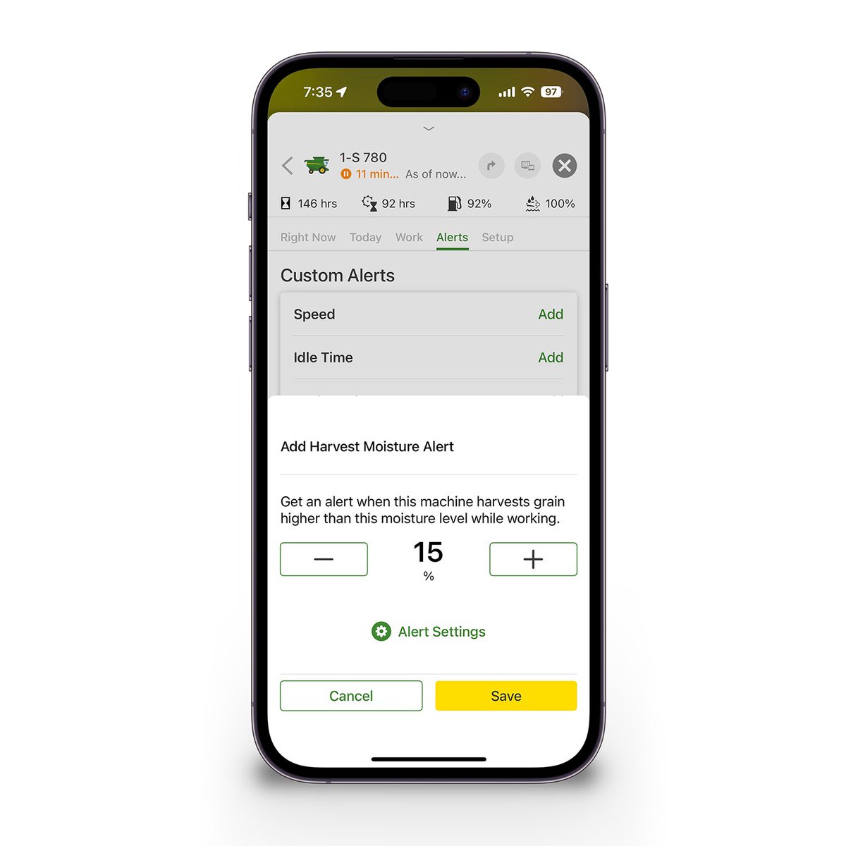 Kyle Plattner (@kyleplattner) on Twitter photo Be alerted when one of your combines harvests grain with moisture higher than a specified threshold. The latest release of <a href="/JohnDeere/">John Deere USA</a> Operations Center Mobile adds a Harvest Moisture Custom Alert.
Tap on a combine, then tap Alerts, then tap the Add button next to Moisture. Be alerted when one of your combines harvests grain with moisture higher than a specified threshold. The latest release of <a href="/JohnDeere/">John Deere USA</a> Operations Center Mobile adds a Harvest Moisture Custom Alert.
Tap on a combine, then tap Alerts, then tap the Add button next to Moisture.